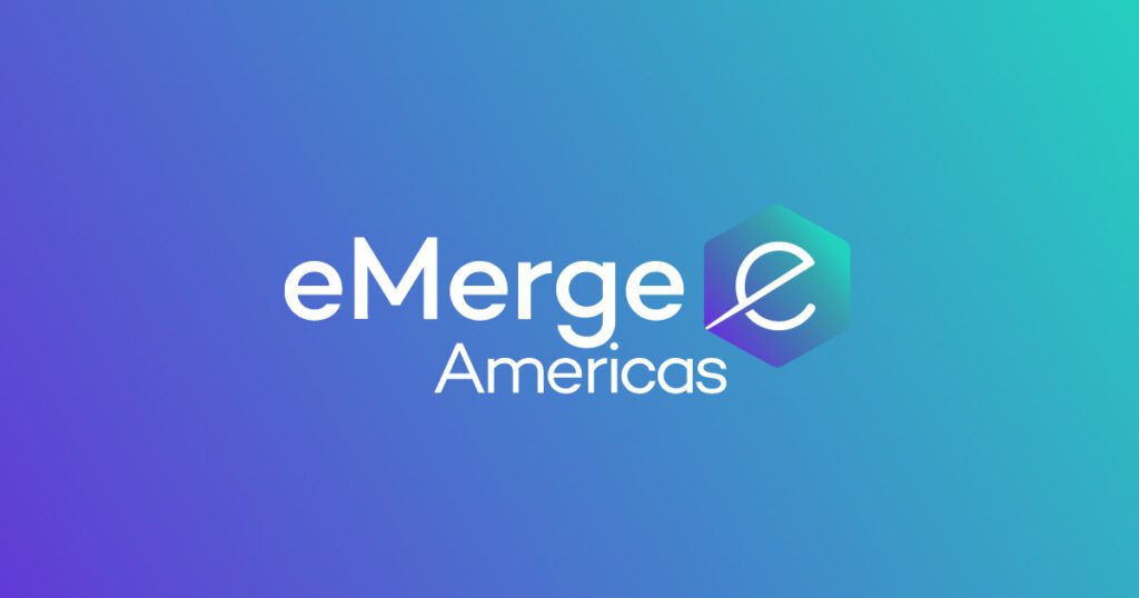 Blue gradient background with the eMerge Americas logo centered.