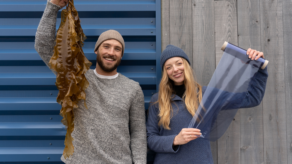Sway founders Matt Mayes and Julia Marsh show off their product, a seaweed-based, rapidly compostable replacement for plastic. Photo by Alex Krowiak