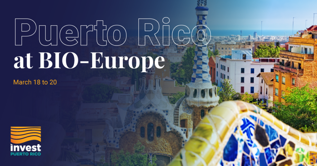 Park Guel in Barcelona image as background with a gradient overlay with the following text "Puerto Rico at BIO-Europe, March 18 to 20" following by Invest Puerto Rico logo