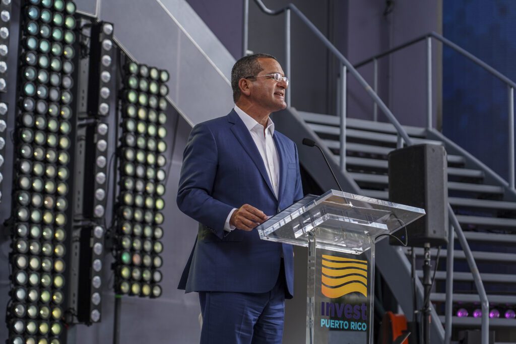 Photo of Governor Pedro Pierluisi on stage at the Invest Puerto Rico brand campaign launch event.