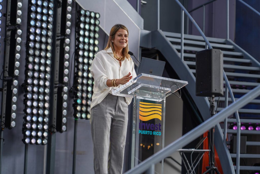 Photo of InvestPR CMO Nicole Vilalte on stage at the Invest Puerto Rico brand campaign launch event.