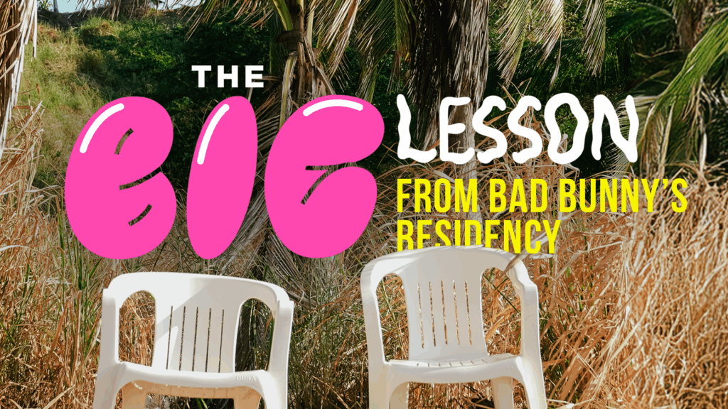 Image of two plastic chairs in the background with copy included: The Big Lesson from Bad Bunny's Residency